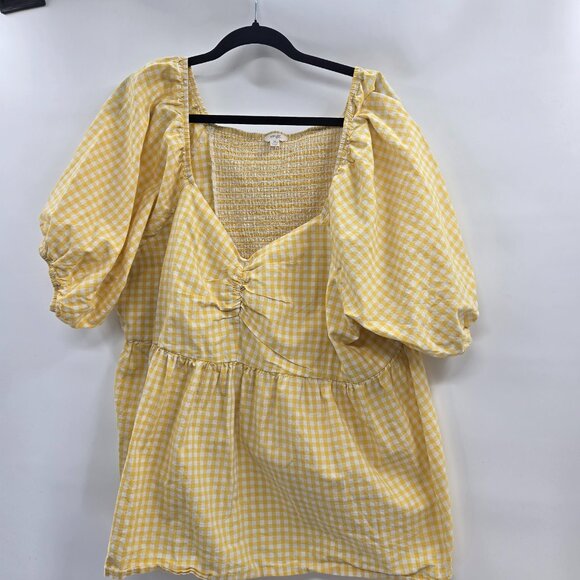 Terra and Sky Yellow Gingham Plaid 100% Cotton Balloon Sleeves Top 3x - Picture 1 of 8